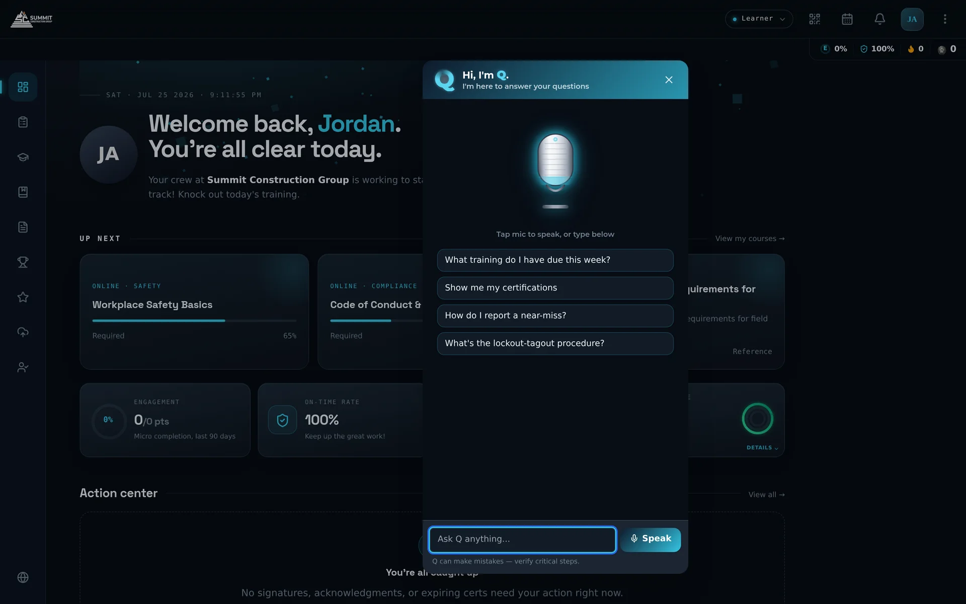 The learner experience with the Ask Q assistant panel open — voice input and suggested questions over the dark learner home