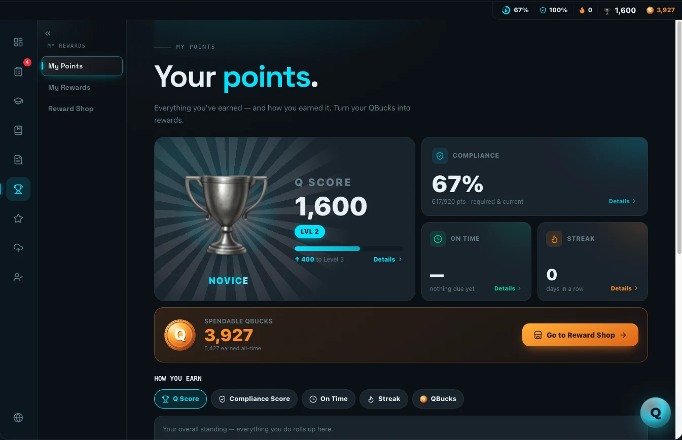 My Points screen with Q Score level, compliance and on-time scores, streak, and spendable QBucks