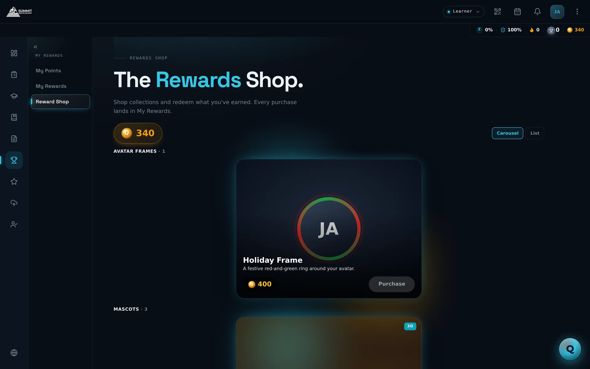 The Rewards Shop with earned currency balance and redeemable reward collections